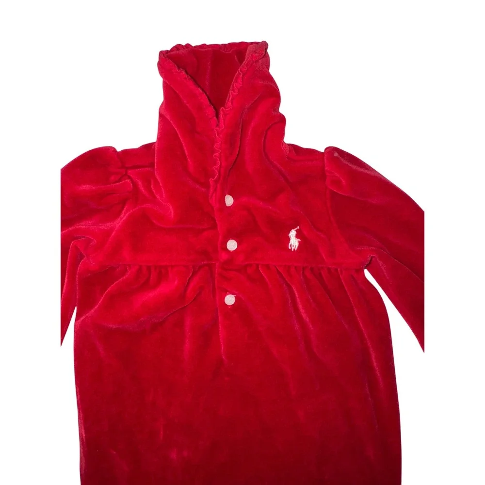 Ralph Lauren Baby Girls Red Velour Footed Pajama Romper 9M Ruffle Striped Feet‎